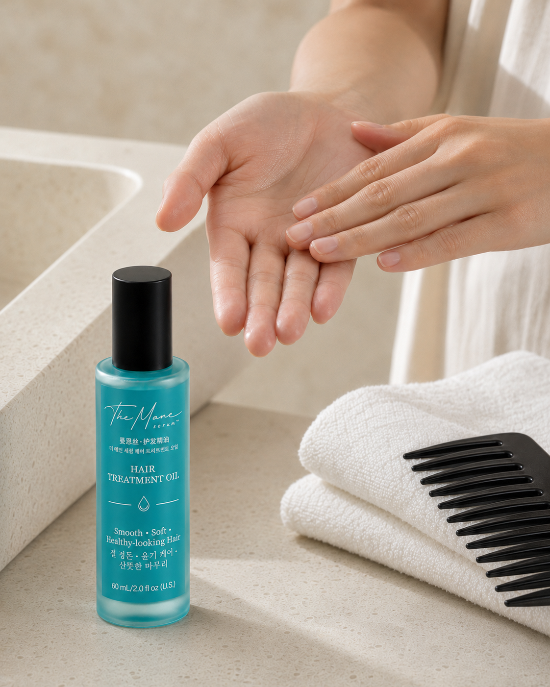 Hands warming The Mane Serum hair oil before application