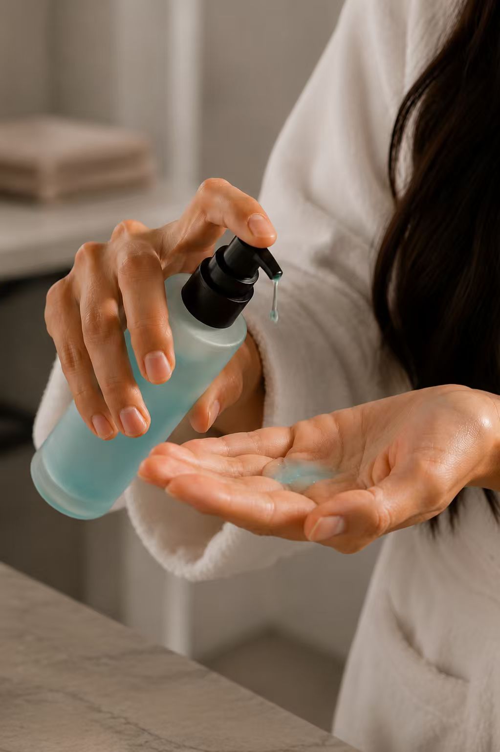Step 2. Dispense 1–2 pumps of hair oil into the palm of your hand and rub it in evenly.