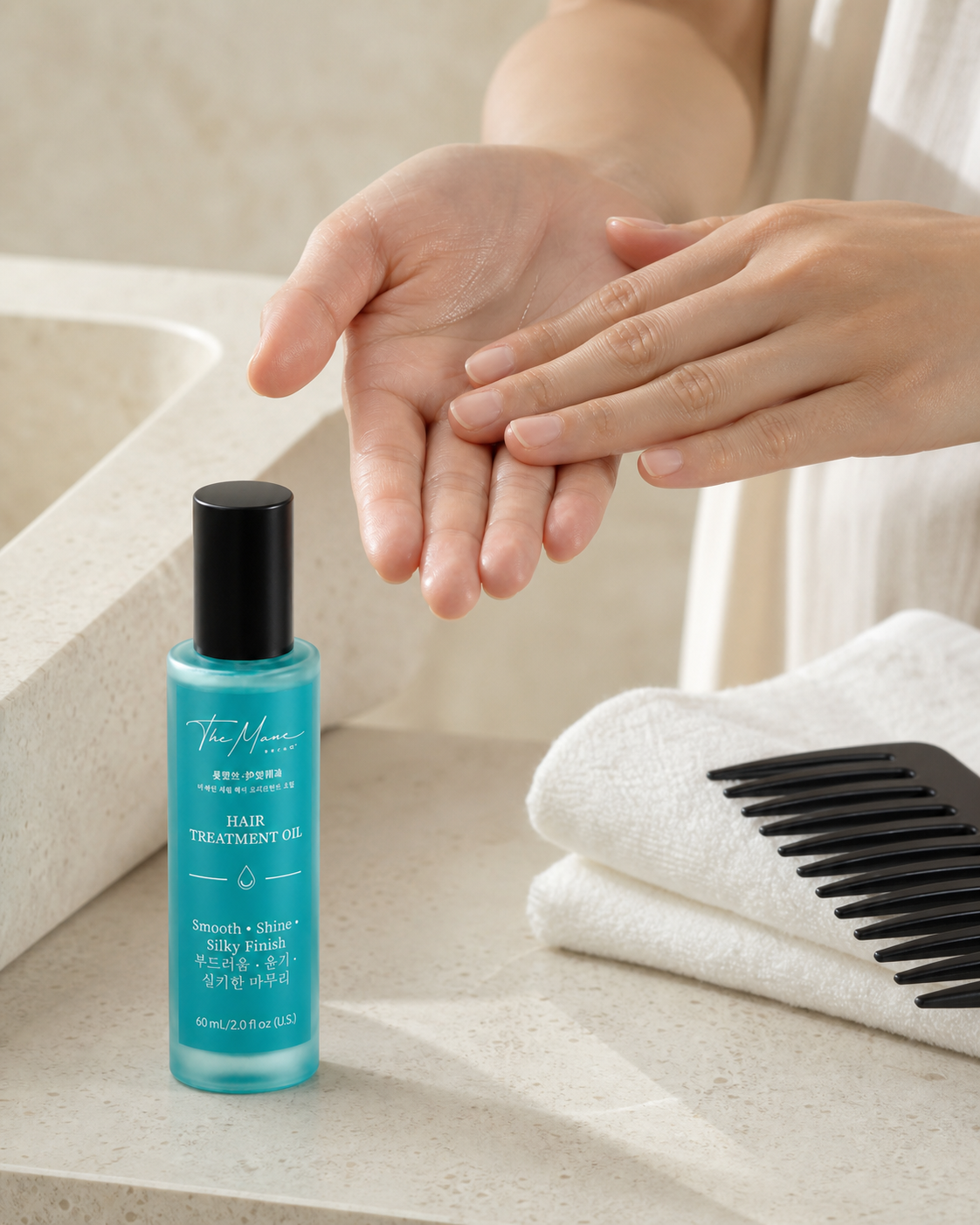 Hands warming The Mane Serum hair oil before application
